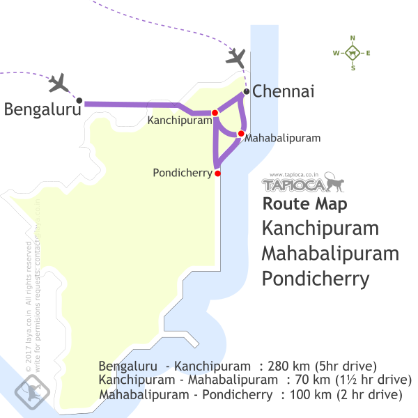 Bangalore to Kanchipuram, Mahabalipuram and Pondicherry road route.