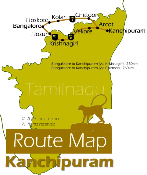 Bangalore to Kanchipuram road distance is about 280km (via Hosur) and about 260km via Chittoor.
Route 1: Bangalore --> Hosur --> Krishnagiri --> Vellore -->Arcot --> Kanchipuram : 280km
Route 2: Bangalore -->Hoskote --> Kolar --> Chittoor --> Walajah --> Kanchipuram : 260km