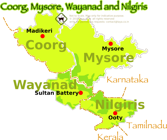 Location of Coorg,Mysore,Wayand and Nilgiris