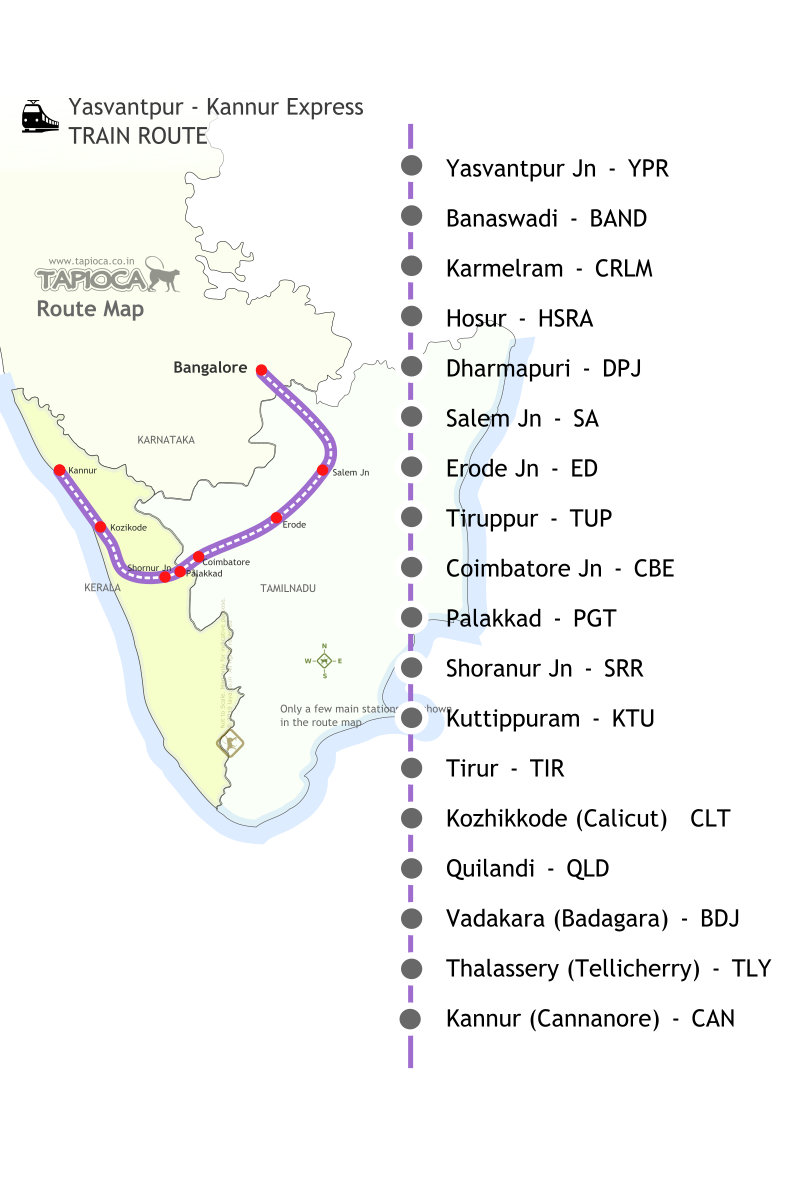 Route of the Yasvantpur - Kannur Express via Tamilnadu 