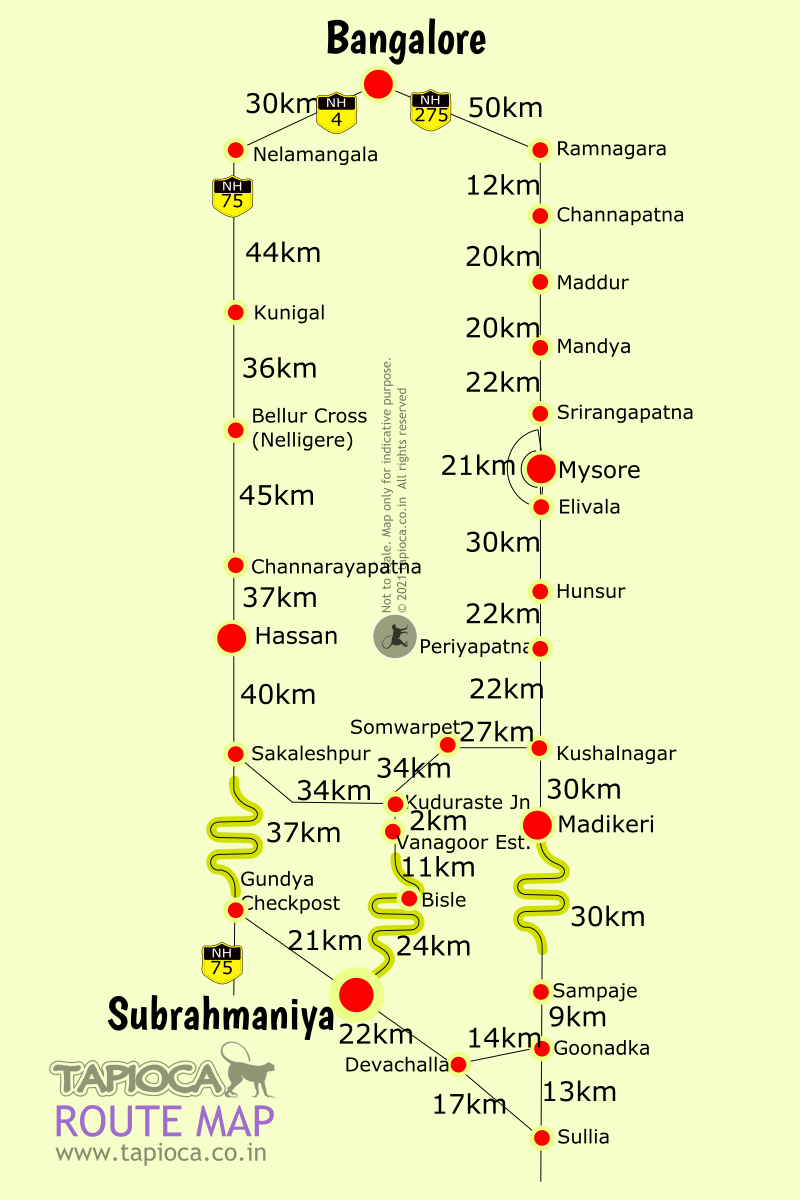 Bangalore to Kukke Subramanya road routes (via Mysore & Hassan)