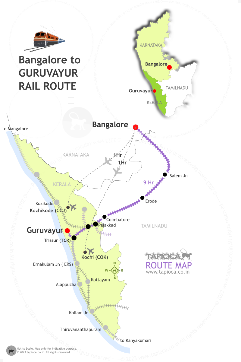 <strong>Ernakulam Express</strong> (12677), <strong>Kochuveli Express</strong> (16315) and <strong>Kanyakumari Express</strong> (16526) passes via Thrissur daily, the nearest railway station with direct connectivity from Bangalore 