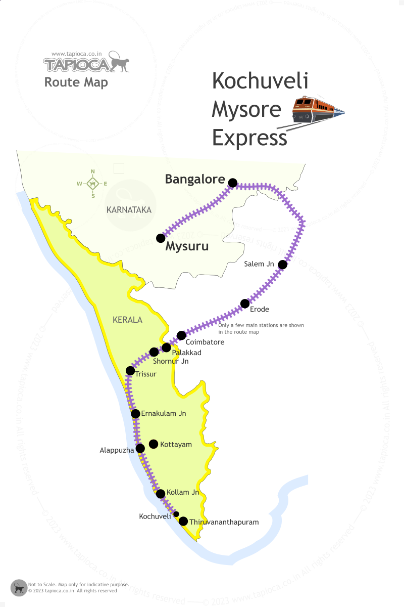 Kochuveli Express ( Train Number 16315/16316 ) connects central and south Kerala towns with Mysore via Bangalore.

